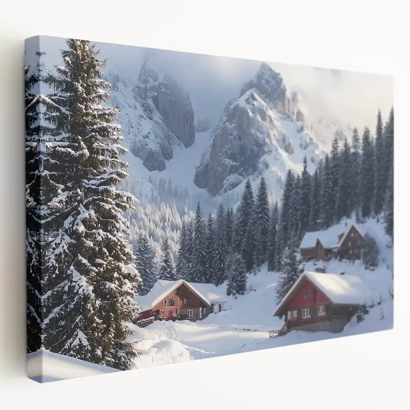 Snowy Mountain Village Countryside Wall Art - Winter Landscape Canvas Grab Now