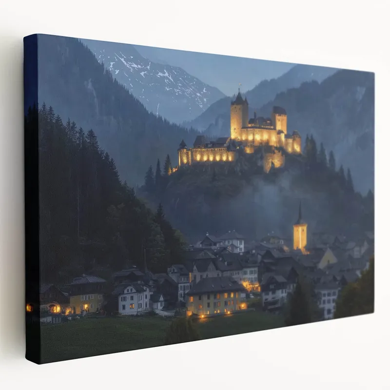 Mountain Castle Wall Art – Illuminated Fortress in Scenic Alpine Village No Minimum Order