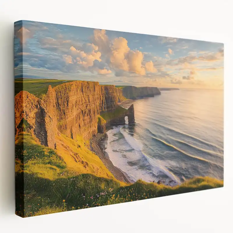 Instant Buy Golden Coastal Cliffs Canvas Art – Serene Ocean Landscape Painting