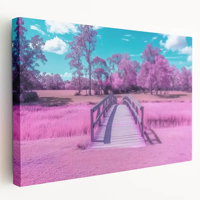 Clearance Wooden Bridge in Pastel Meadow - Surreal Landscape Art