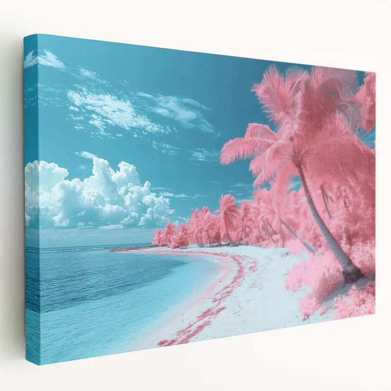 Surreal Tropical Beach Wall Art - Pink Palms and Turquoise Waters Special Discount