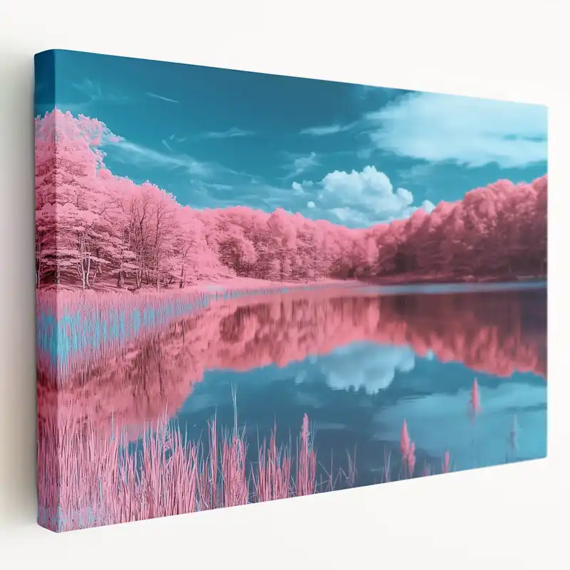 Surreal Nature Wall Art - Vibrant Pink Forest and Reflective Lake Scene Hassle-Free Returns
