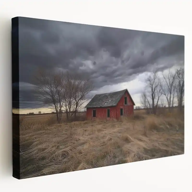 Rustic Red Barn Under Stormy Skies - Dramatic Farmhouse Wall Art Budget