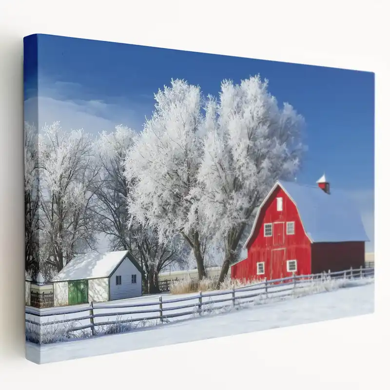 Top Rated Red Barn in Snowy Countryside - Rustic Winter Barn Wall Art for Decor