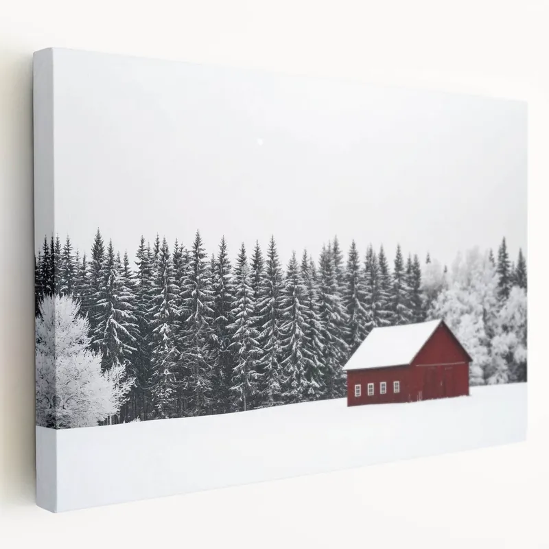 Price Drop Red Barn in Snowy Forest - Rustic Winter Barn Wall Art for Farmhouse Decor
