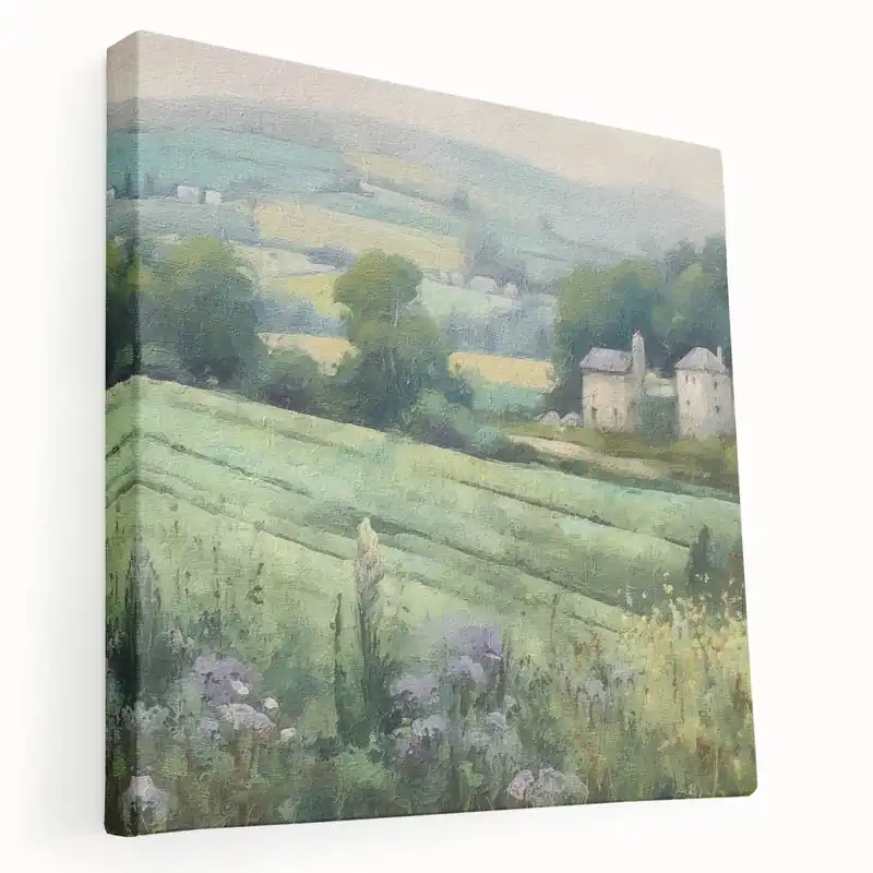 Authentic Tranquil Green Countryside Wall Art - Rolling Fields with Farmhouse