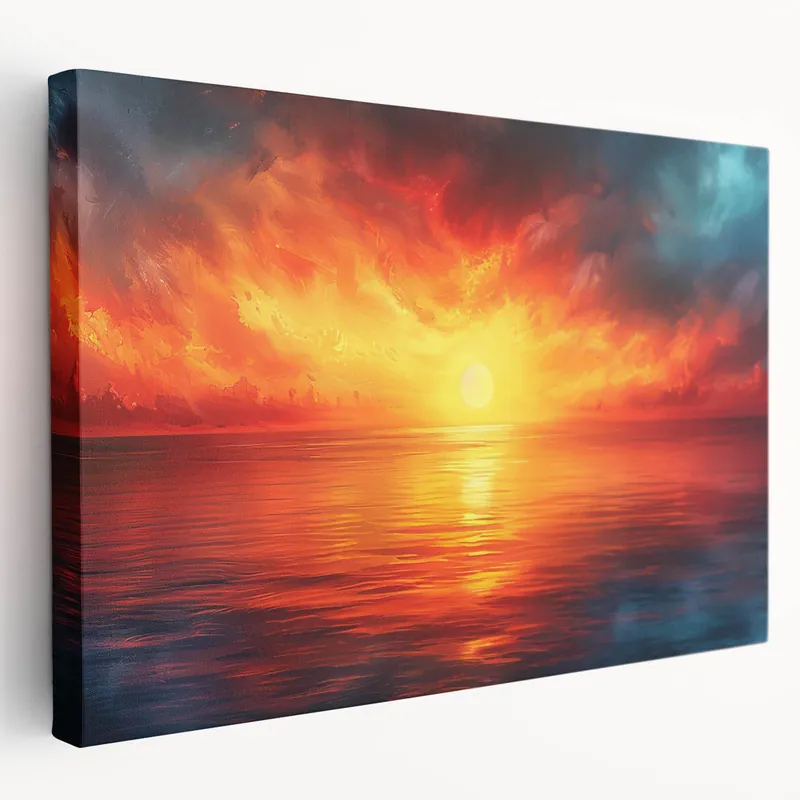 Fiery Sunset Ocean Art – Dramatic Sky and Water Wall Decor Handmade