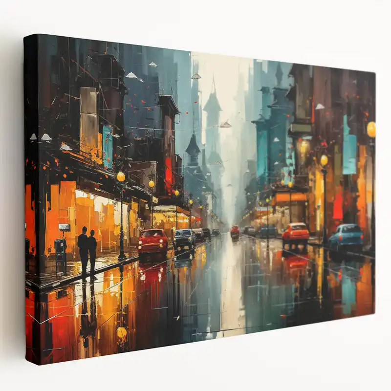 Vibrant City Nightscape Wall Art - Colorful Reflections on Wet Streets Luxury