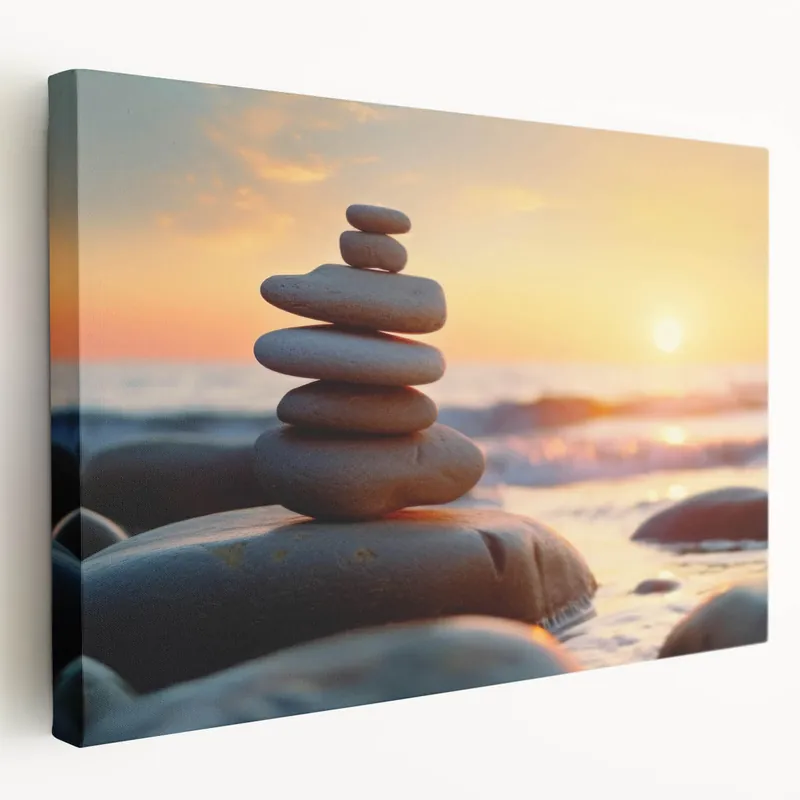Zen Rock Stack Wall Art - Serene Coastal Landscape with Sunset Glow Direct From Manufacturer