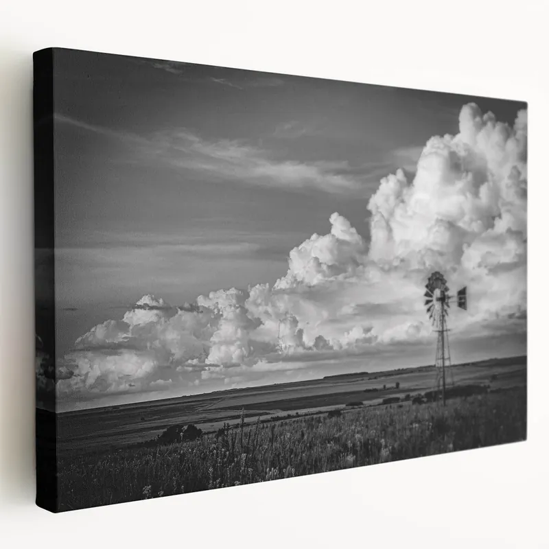 In Demand Dramatic Windmill & Cloudscape - Black & White Canvas Art Print