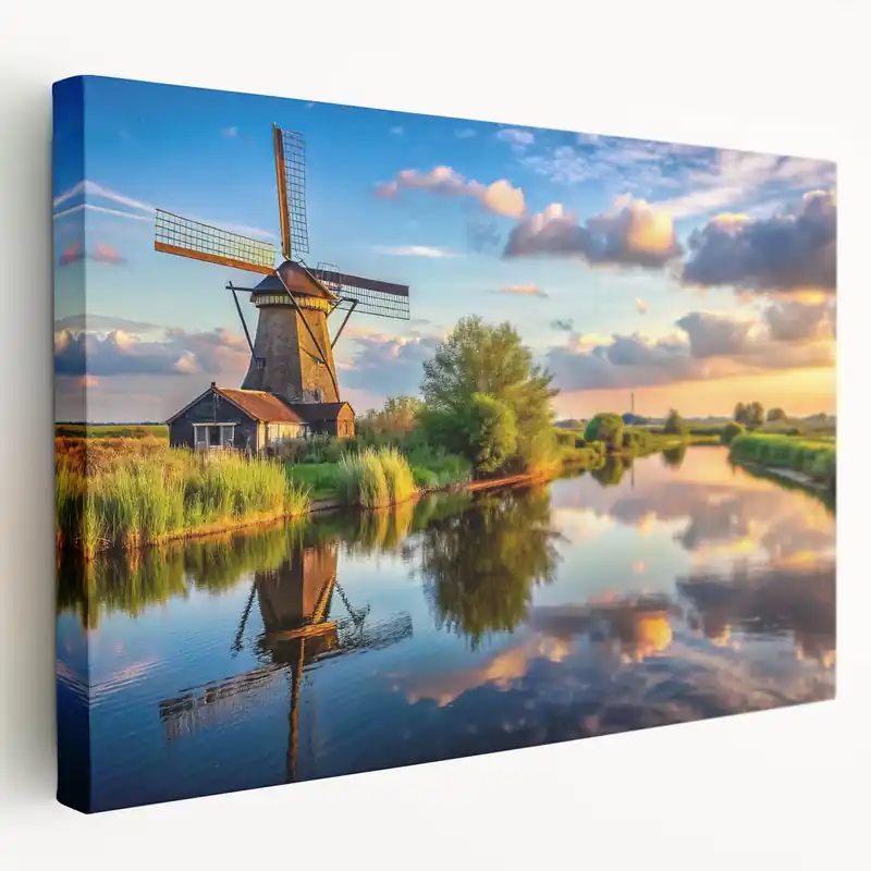 Top Pick Tranquil Windmill by the River Wall Art - Vibrant Dutch Landscape Print