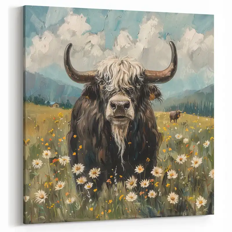 Best Price Highland Cow in Scenic Meadow - Wildlife Painting Wall Art