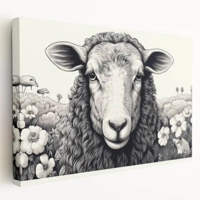 Must Have Floral Sheep Wall Art - Detailed Black and White Farm Animal Canvas Print
