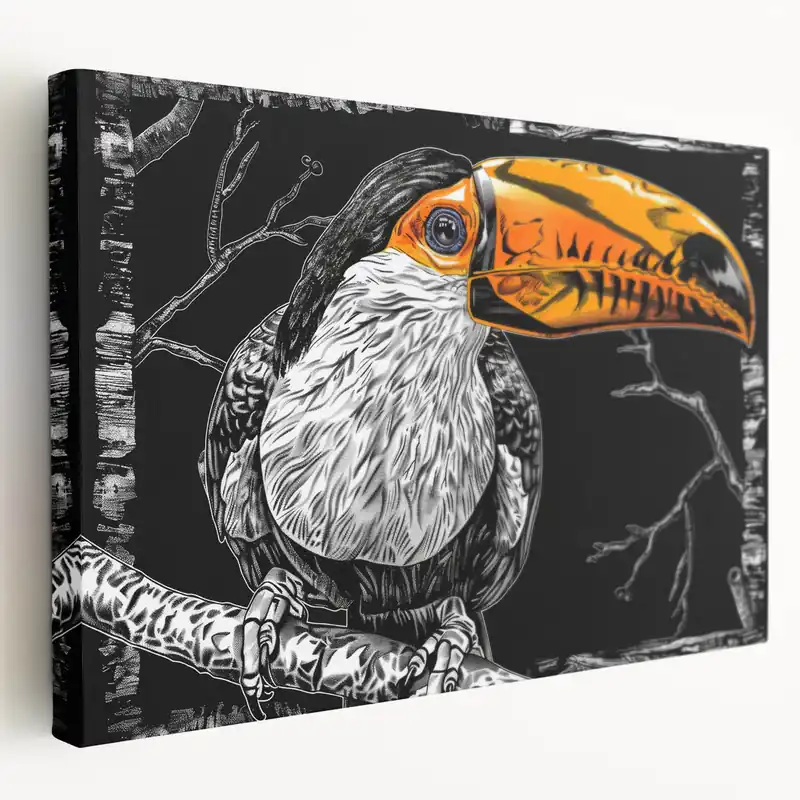 Secure Checkout Graphic Toucan Wall Art - Bold Black and Orange Tropical Bird Print - Framed Art