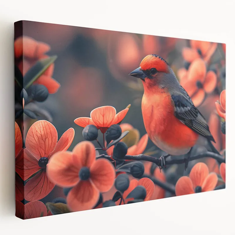 Floral Tropical Bird Wall Art - Vibrant Red and Coral Canvas Print - Framed Art Exclusive