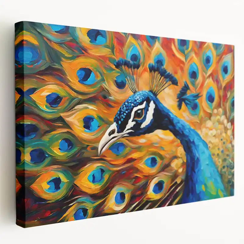 Vibrant Peacock Burst Wall Art - Dynamic Blue and Orange Canvas Print Order Now