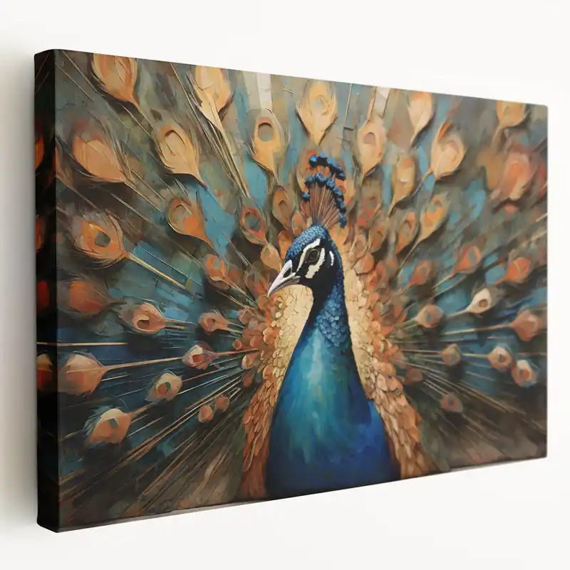 Abstract Peacock Glory Wall Art - Bold Blue and Orange Canvas Print Buy Online
