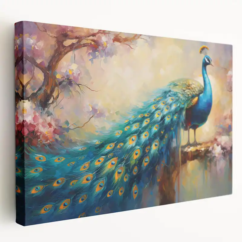 Tranquil Peacock and Blossoms Wall Art - Elegant Nature Canvas Print Sale