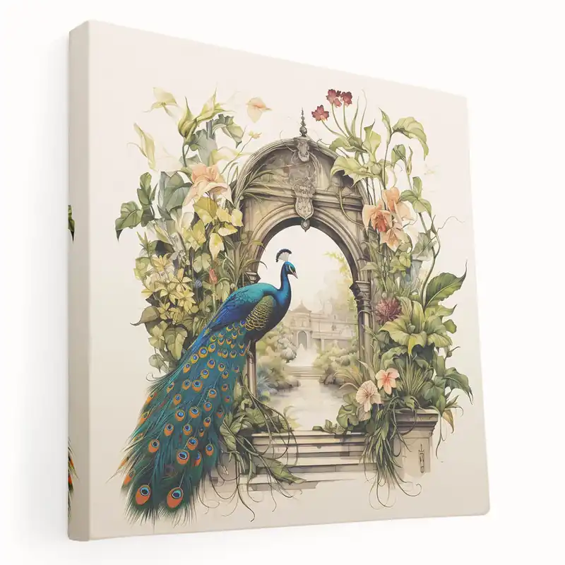 Serene Peacock Garden Wall Art - Elegant Peacock Archway Canvas Print Bargain