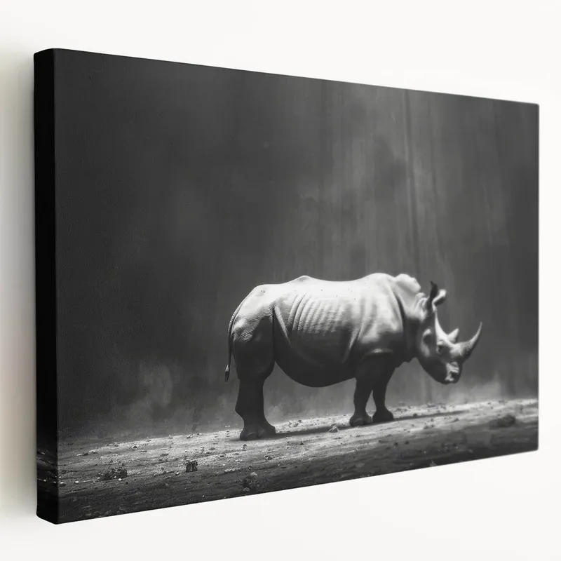 Limited Time Dramatic Rhino in the Spotlight | Black & White Wildlife Canvas Art