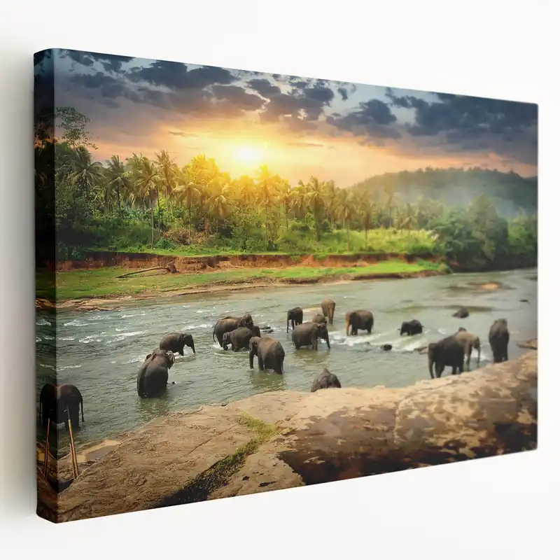 Best Seller Elephants at Sunrise Wall Art - Scenic Wildlife Canvas Print for Home