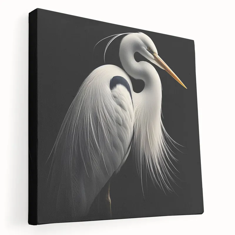 Egret Canvas Art - Elegant White Egret on Black Wall Decor for Home Brand New
