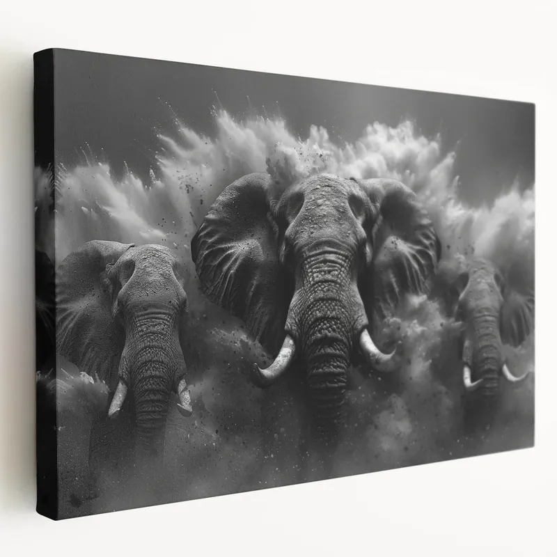 Thunderous Elephant Charge - Dramatic Black and White Canvas Art Original