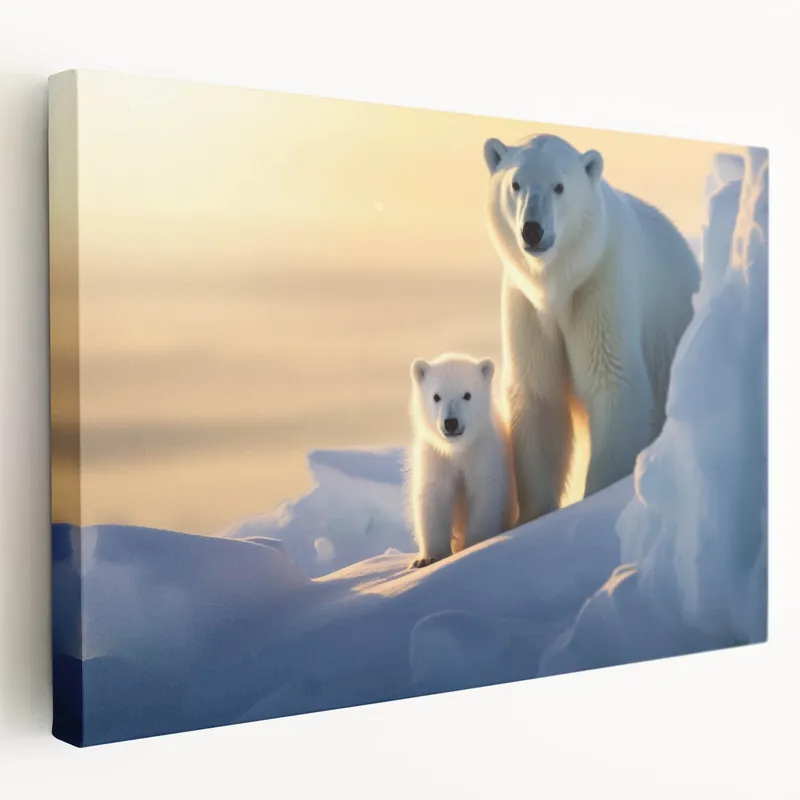 Free Shipping Sunset Polar Bear and Cub - Wildlife Arctic Canvas Art