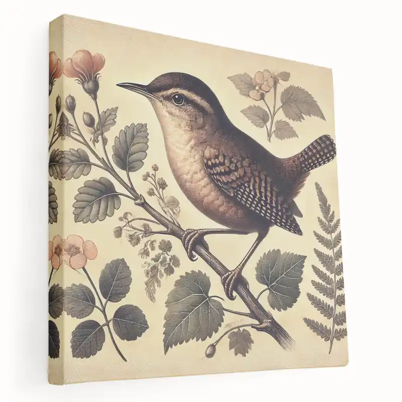 Professional Grade Vintage Garden Birds Wall Art - Wren and Floral Canvas Print Decor