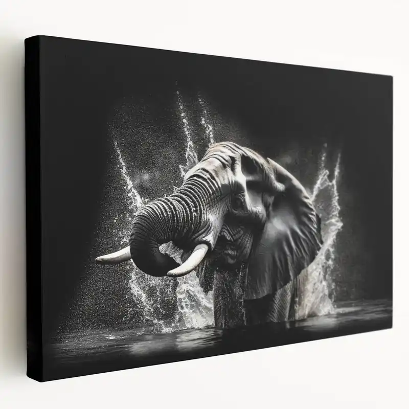 Powerful Elephant Splash - Dynamic Black and White Canvas Art Special Discount
