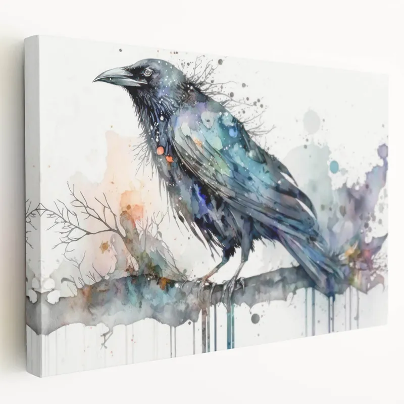 Watercolor Raven Art - Vibrant Crow in Abstract Nature Genuine