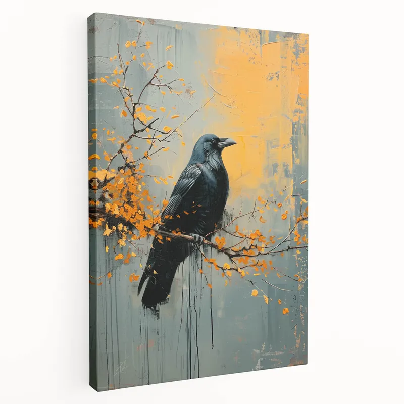 Autumn Raven Art - Elegant Crow on Branch with Falling Leaves Same Day Shipping