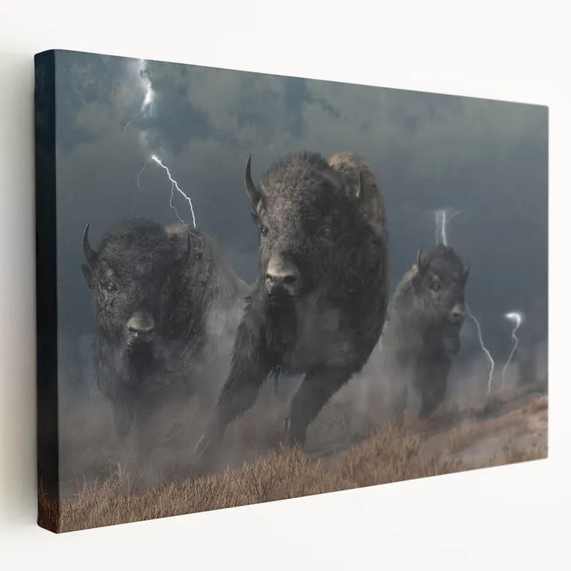 Genuine Thunderstorm Bison Art - Dramatic Buffalo Canvas Print for Rustic Decor