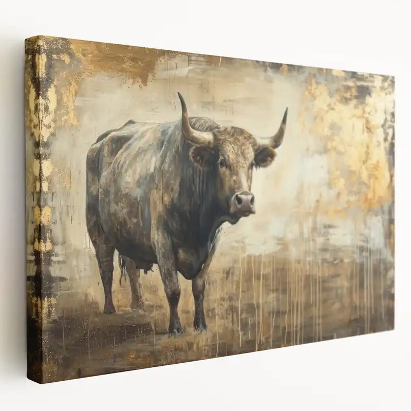 Markdown Rustic Bull Wall Art - Bison Canvas Print with Gold Accents for Decor