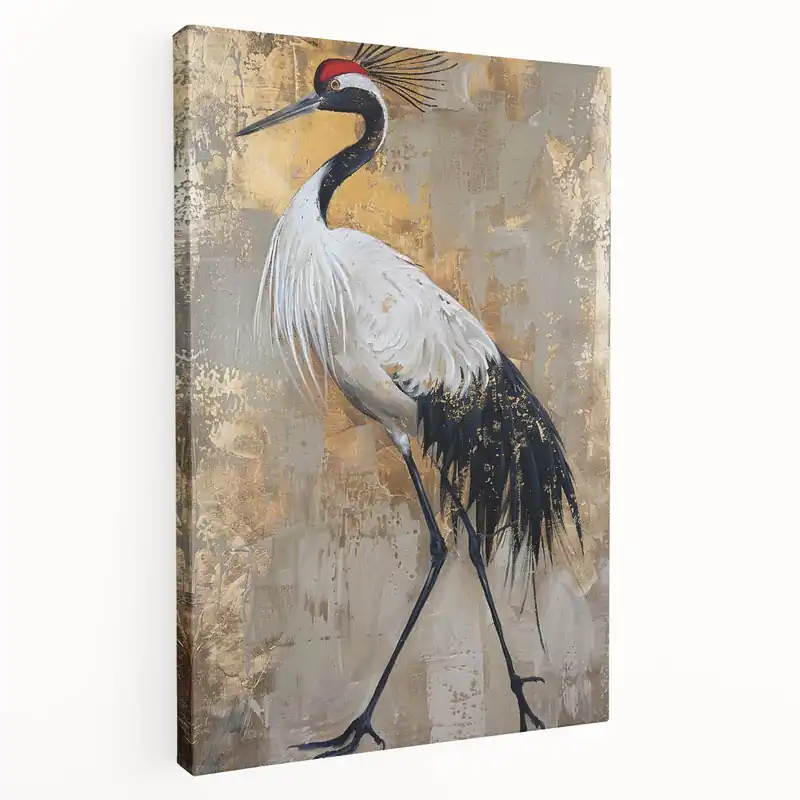 Original Luxurious Crane Wall Art – Golden Crane Elegance on Canvas & Acrylic