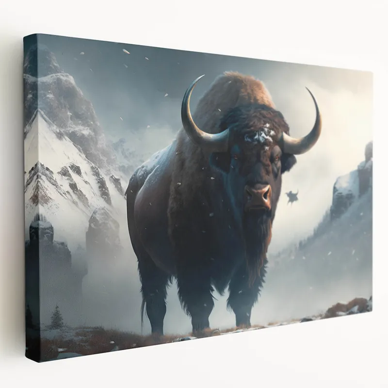 Bison in Winter Mountains – Majestic Buffalo Art for Rustic Decor Holiday Sale