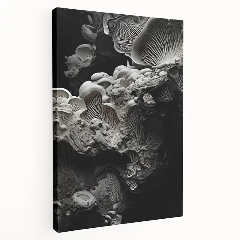 Seasonal Sale Grayscale Mushroom Macro Art – Elegant Monochrome Nature Wall Decor