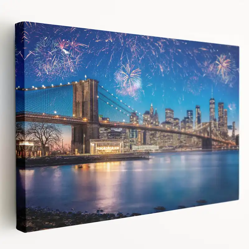 Brooklyn Bridge Fireworks Art - NYC Skyline Canvas for Festive Decor Trusted Brand