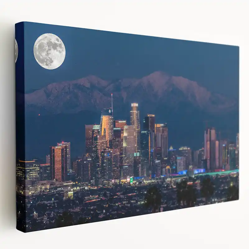 Full Moon Over Downtown LA - Illuminated Cityscape with Mountain Backdrop Clearance
