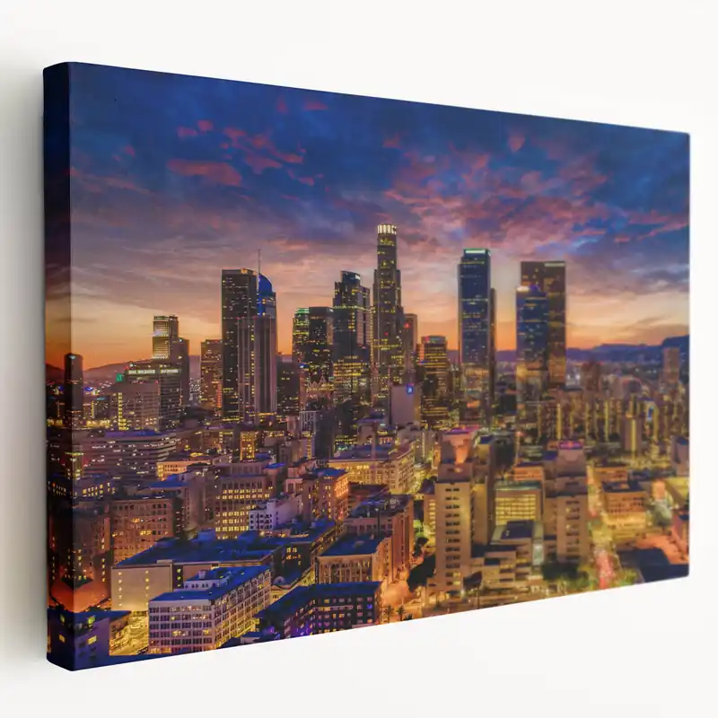Downtown LA at Dusk - Vibrant City Lights Under a Dramatic Sunset Warranty Included