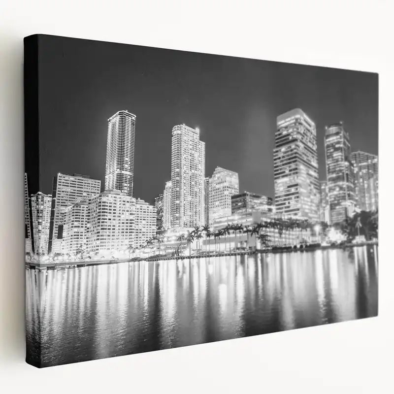 Bargain Miami Black and White Skyline Art – Cityscape Night Canvas Print