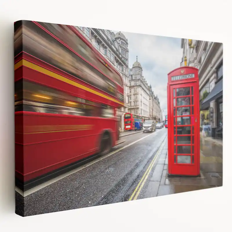London Street Art Canvas - Red Bus and Telephone Box on a Busy Street Deal