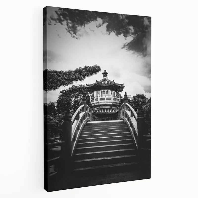 Black and White Hong Kong Pagoda Art - Serene Traditional Bridge Scene Grab Now