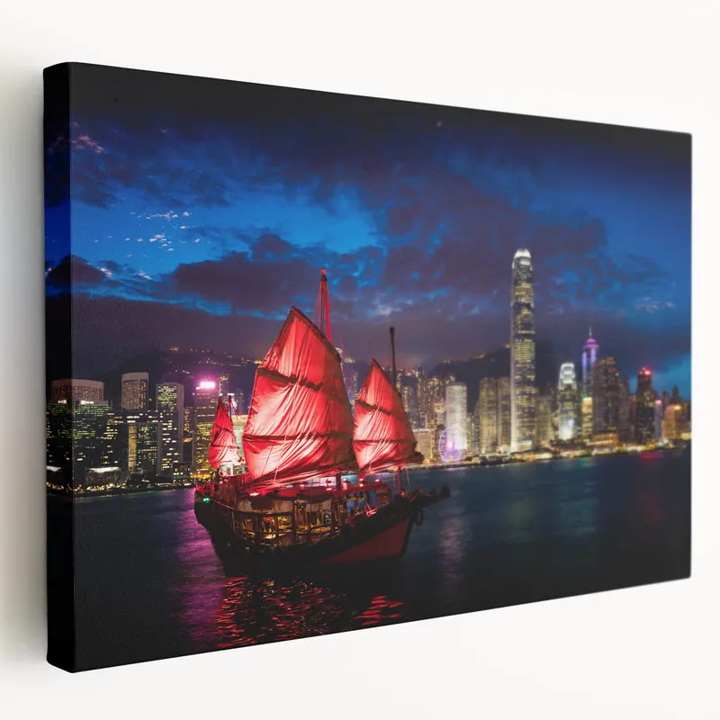 Hong Kong Night Scene Art - Vibrant Junk Boat and Skyline Wall Decor Best Price