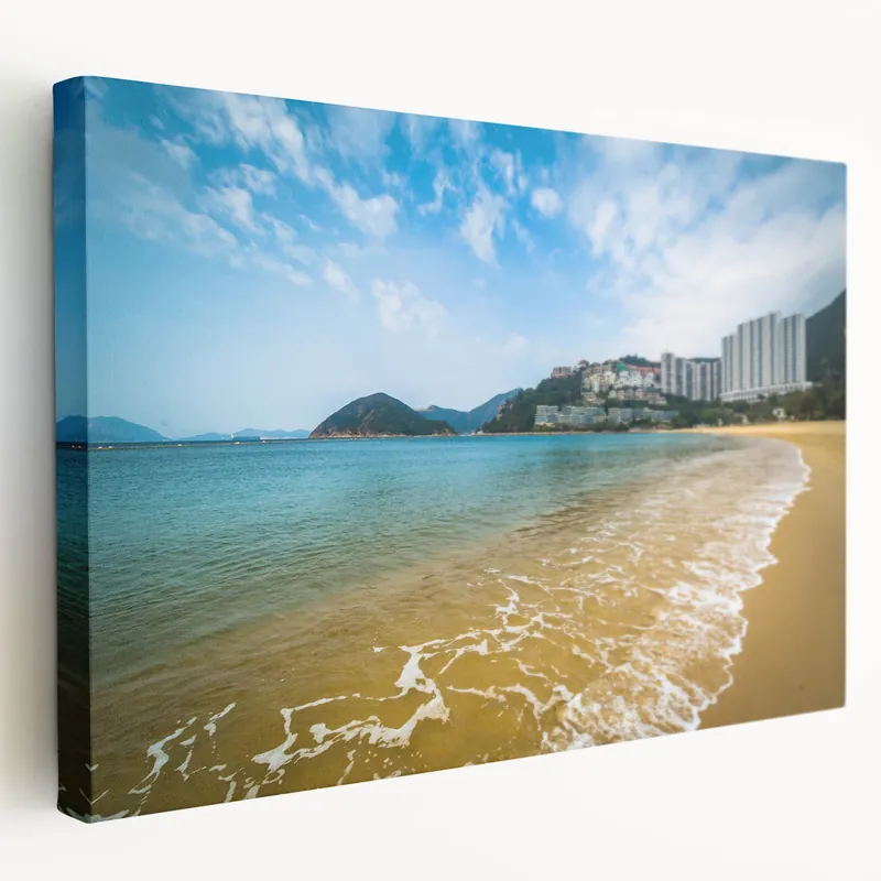 Reduced Price Hong Kong Seaside Art - Serene Beach and Skyline Wall Decor
