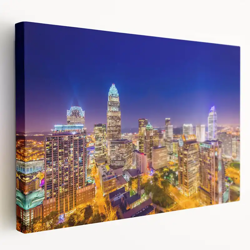 Free Returns Charlotte Night Skyline – Vibrant Cityscape Photography Wall Art