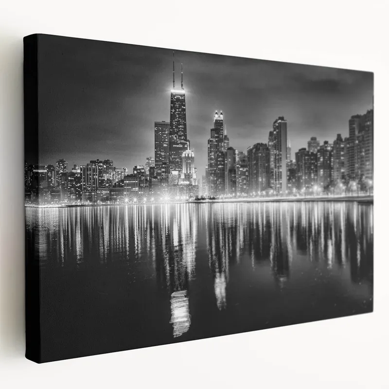 Authentic Chicago Skyline Art - Black and White Nighttime Cityscape Print
