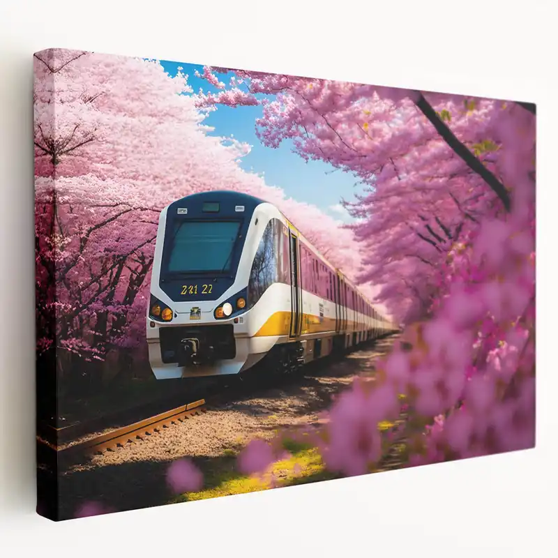 Luxury Cherry Blossom Train Wall Art - Vibrant Spring Locomotive Canvas Print