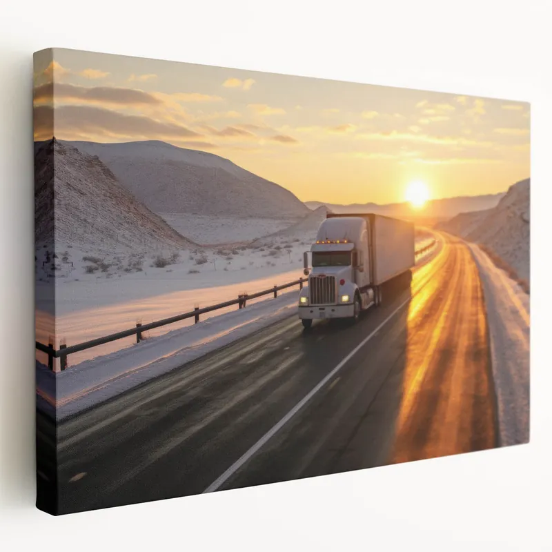 Last Chance Winter Sunrise Truck - Serene Snowy Highway Semi Truck Wall Art Decor