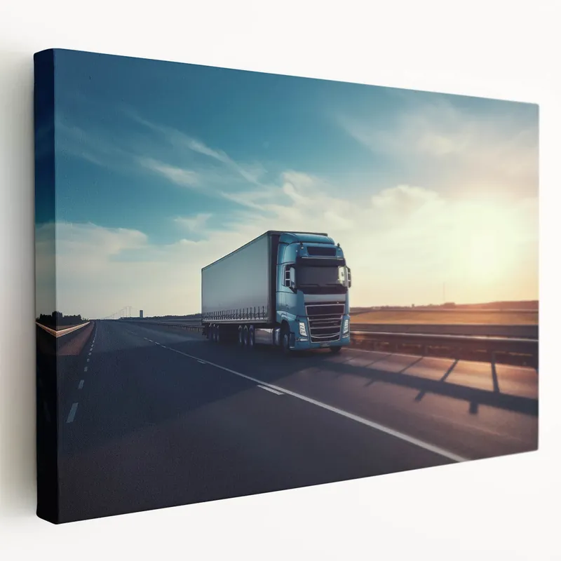 Blue Truck on Open Highway - Serene Sunset Truck Wall Art Print Authentic